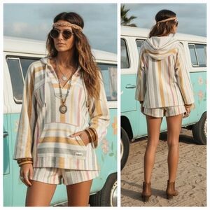 NWT Roxy XL Bohemian Hippie Lagenlook Beach Oversized Striped Pullover Poncho